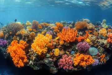 Naklejka premium Colorful Coral Reef Paradise: Marine Life and Rock Formations Below the Surface