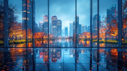 Cityscape Plaza Featuring Modern Architecture and Bustling Energy. Capturing dynamic lighting and urban elegance, perfect for cityscape enthusiasts and architectural displays.