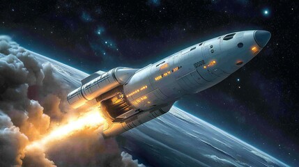 Obraz premium A spaceship launching into the starry sky, with a space shuttle ascending amidst smoke and blast. The rocket embarks on its journey into space
