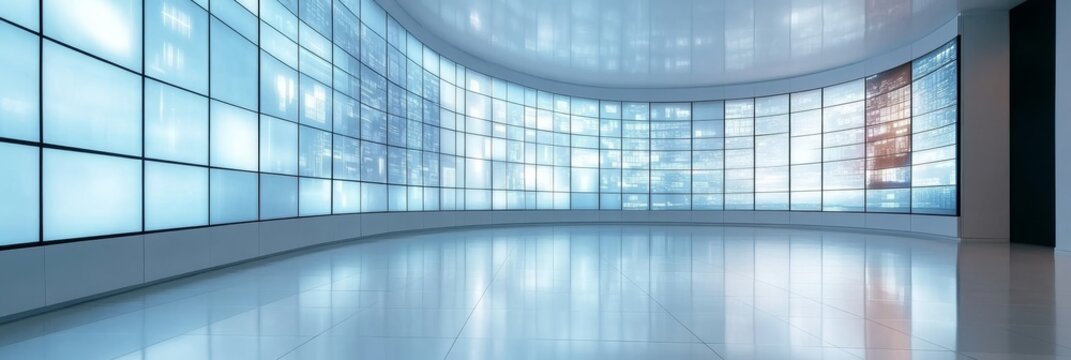 Empty White Presentation Room, Curved Wall with Video Wall Display, Technology and Flexibility - Powered by Adobe