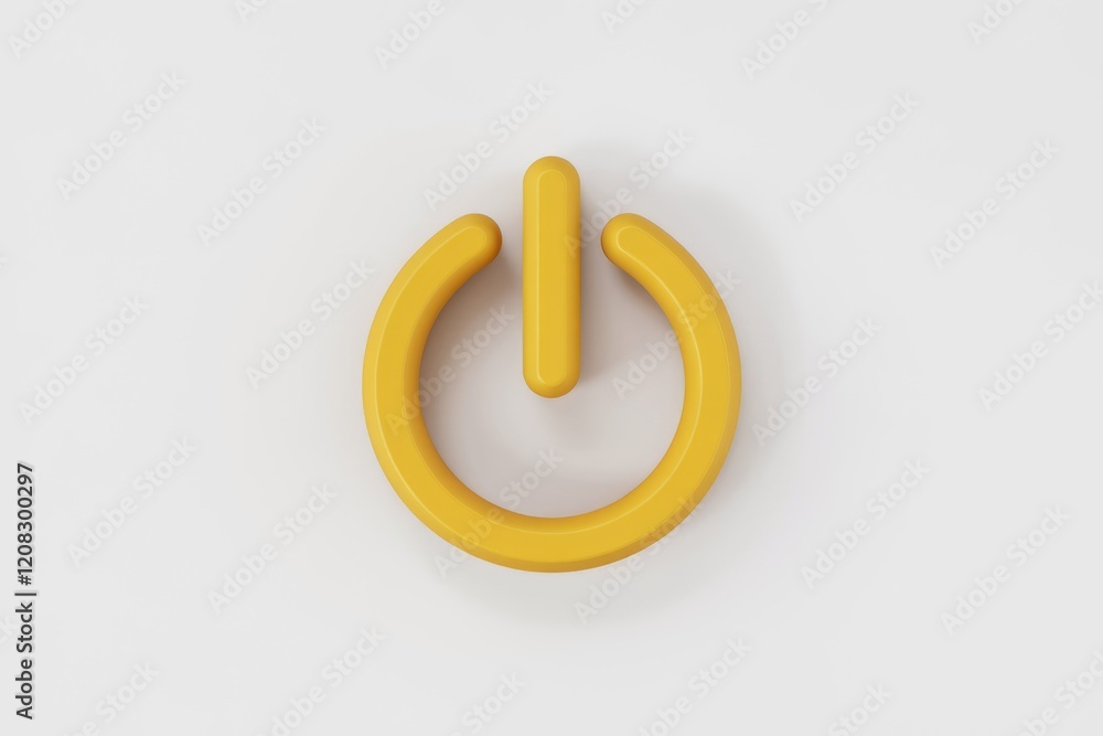 Poster a 3d rendered yellow power button icon on a white background, symbolizing on/off functionality.