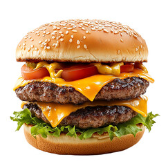 A delicious double cheeseburger with melted cheese, fresh lettuce, tomatoes, and a sesame seed bun. Perfect for food lovers seeking a mouthwatering treat.