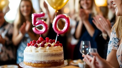 A delicious raspberry and cream cake sits center stage at a 50th birthday celebration, surrounded by happy guests clapping and celebrating.  Pink number balloons add festive flair.