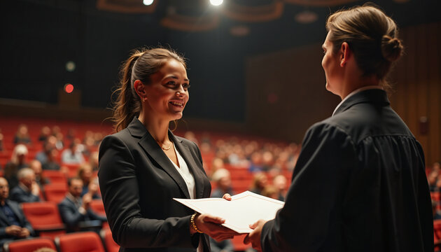 Smiling woman receiving certificate on stage, professional achievement, ceremony backdrop