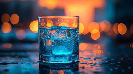 A clear glass of water with light reflecting on its surface symbolizing clarity and purity with a modern blurred background and empty space for caption at the bottom under backlighting from above

