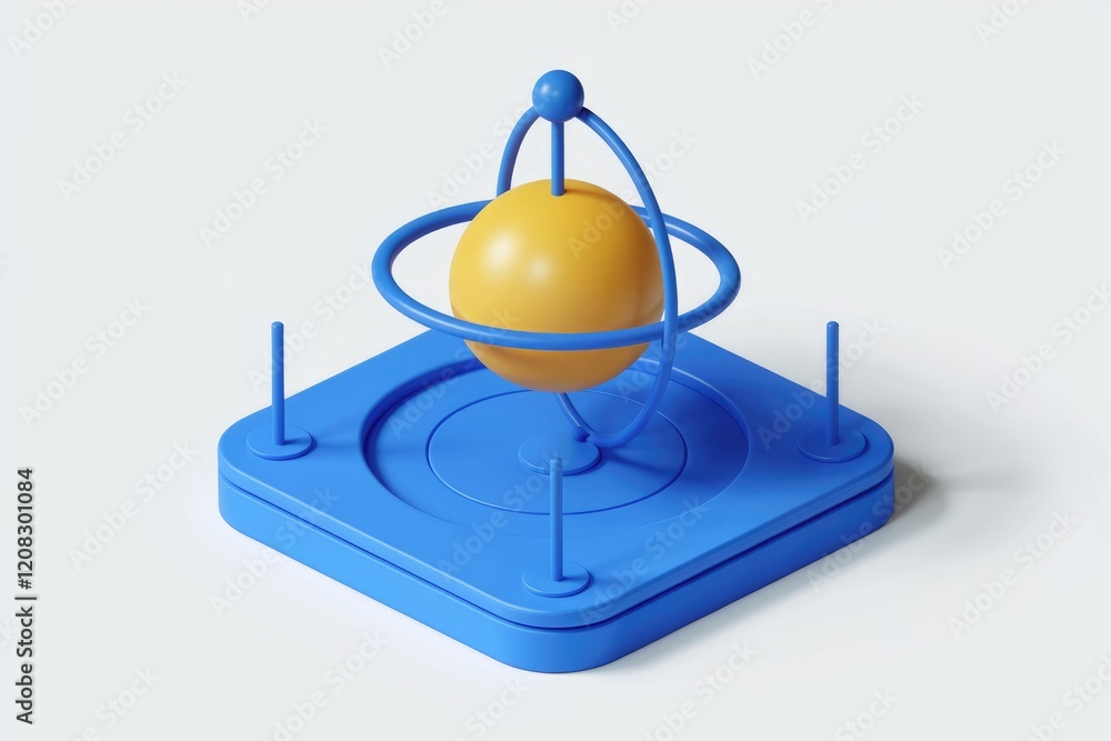 Poster A 3D rendering of a yellow sphere rotating within a blue circular frame on a blue square base.
