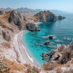 Obraz premium Serene Secluded Beach with Turquoise Waves and Jagged Cliffs
