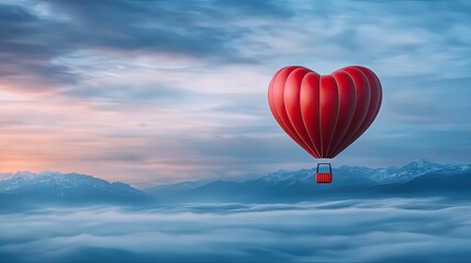 Obraz premium A heart-shaped hot air balloon floats above mist-covered mountains beneath an ethereal pastel sky, creating a romantic atmosphere