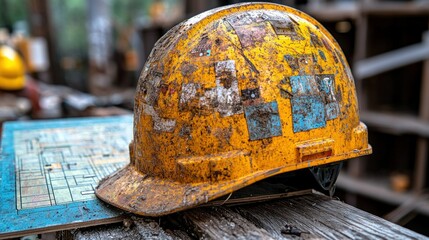 A Worn-Out Yellow Hard Hat Resting on a Blueprint
