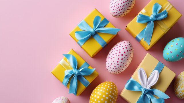 Easter celebration with colorful eggs and gift boxes on a pink background