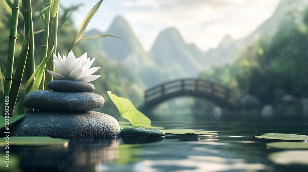 Poster serene zen landscape with lotus flower and stone balancing amidst tranquil nature setting : generati