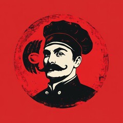 Chef with mustache in red circle, possibly for food marketing, culinary graphic