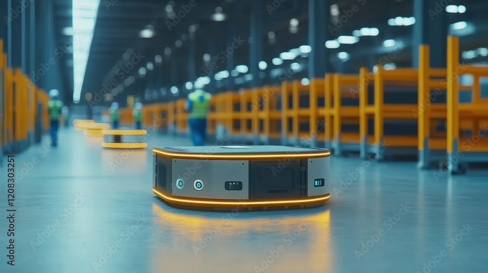 Poster smart delivery robots transporting packages inside a large distribution center with warehouse worker