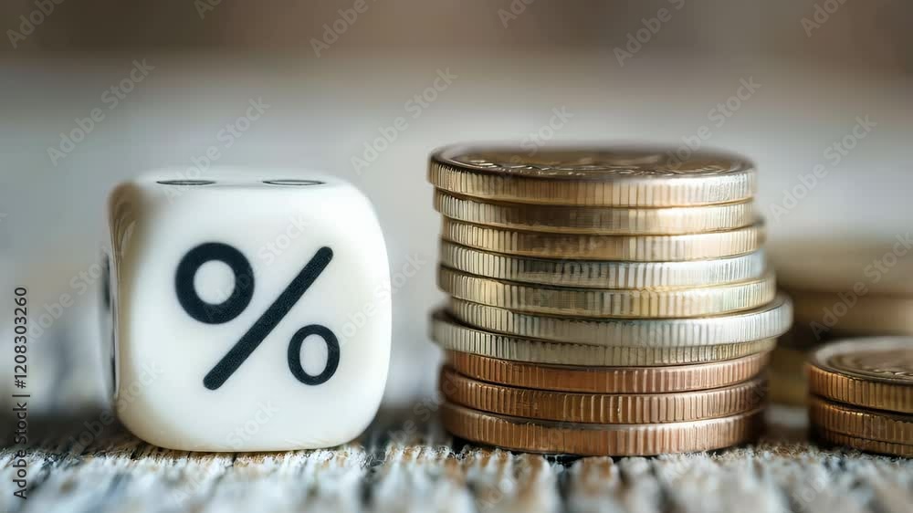 Poster Stack of coins with a percentage symbol on a dice, representing financial concepts such as interest rates, investment, mortgage, and the importance of financial planning for future success