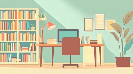 Fototapeta premium Modern Office Interior with Desk and Bookshelf for Online Meetings