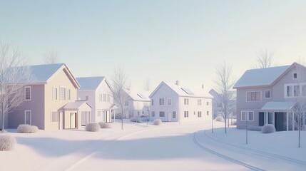 Snowy winter suburb with empty streets and snow-covered houses under clear sky