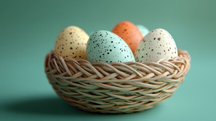 Colorful easter eggs in a woven basket: festive holiday decoration and design inspiration