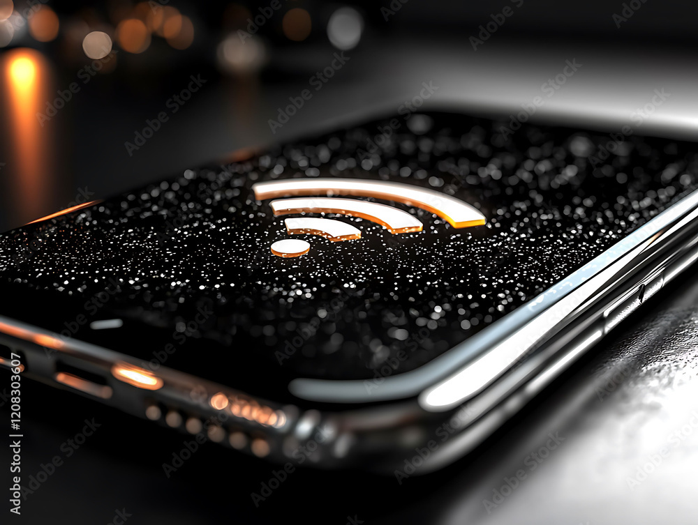 Poster closeup of a sleek smartphone displaying a glowing wifi symbol on its rainspattered screen. perfect 