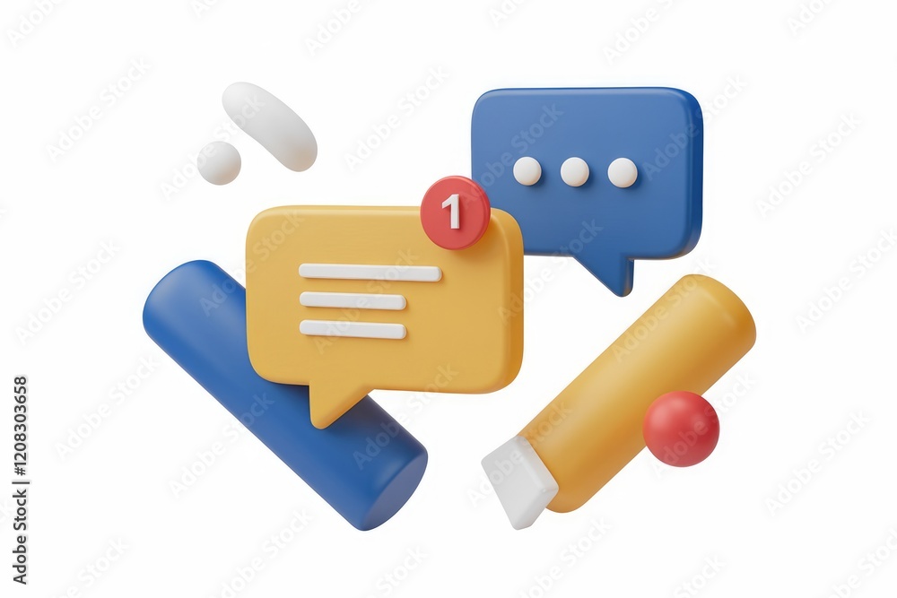Poster 3D rendering of colorful chat bubbles with notification, symbolizing online communication and messaging.