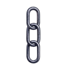 A close-up view of a metallic chain link, showcasing its robust structure and industrial design. The image highlights the strength and connectivity represented by the chain.