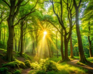 Fototapeta premium Serene forest, sunlit trees, green landscape, natural scenery