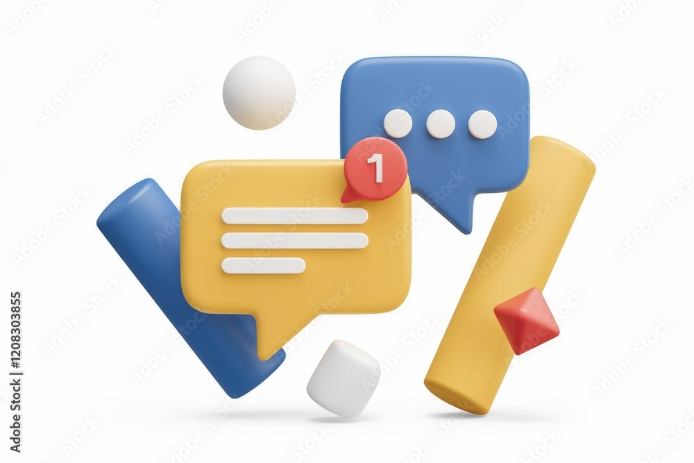 Poster 3d illustration of colorful chat bubbles, notification, and geometric shapes, symbolizing communicat