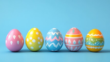 Fototapeta premium Colorful easter eggs display on bright blue background for festive decor