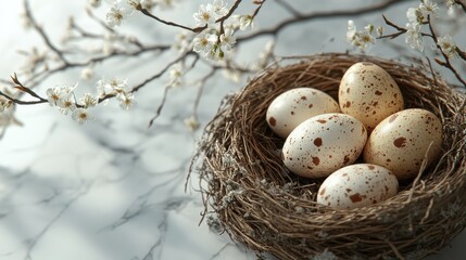 Obraz premium Easter celebration with colored chicken and quail eggs in nest among blooming branches