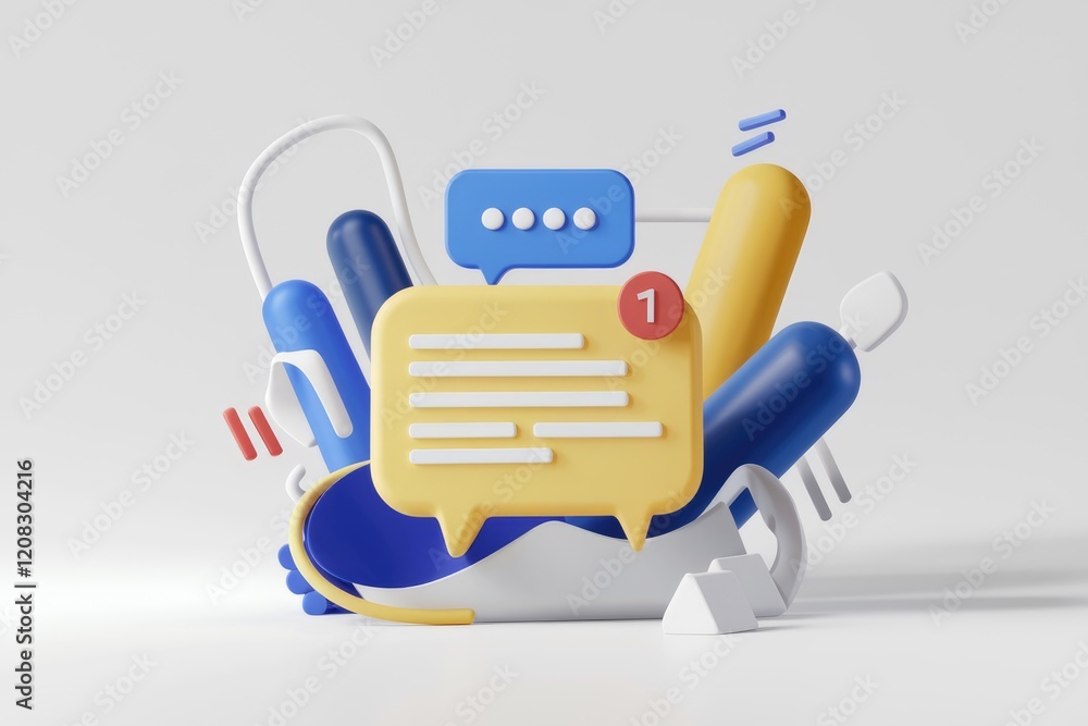 Poster 3d illustration of colorful abstract shapes representing messaging and communication.