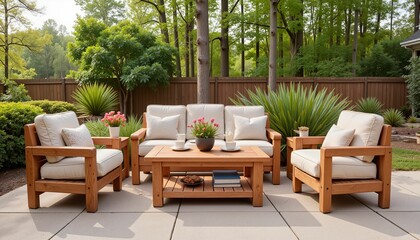 Fototapeta premium Cozy wooden patio furniture in lush greenery, outdoor relaxation