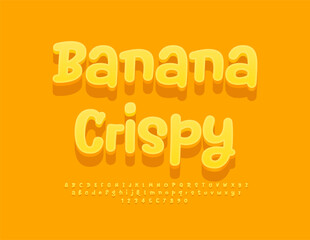 Vector Creative logo Banana Crispy with Yellow Artistic Font. Set of 3D Funny Alphabet Letters and Numbers.