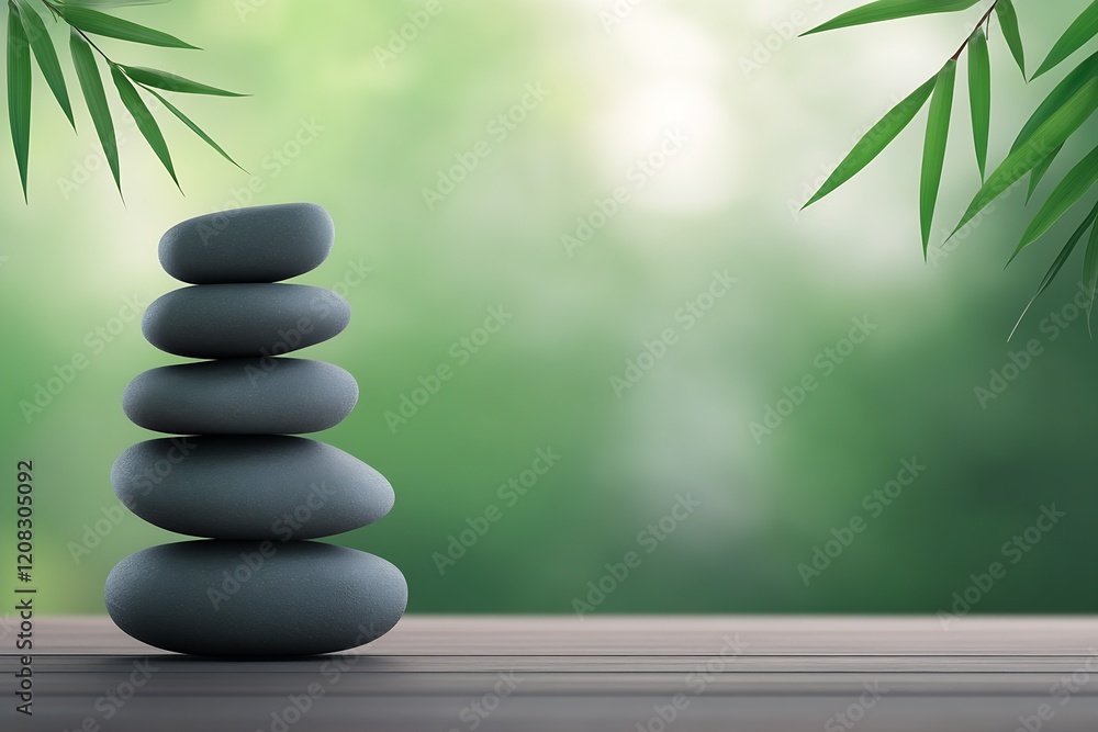Aufkleber Harmony of Black Stone Stack with Bamboo Leaves Against Soft Green Backdrop : Generative AI