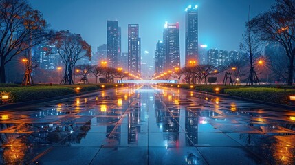 Fototapeta premium Cityscape Plaza with Dynamic Composition and Modern Skyscrapers. Showcasing vibrant energy and dramatic lighting, ideal for metropolitan lifestyle and city planning visuals.