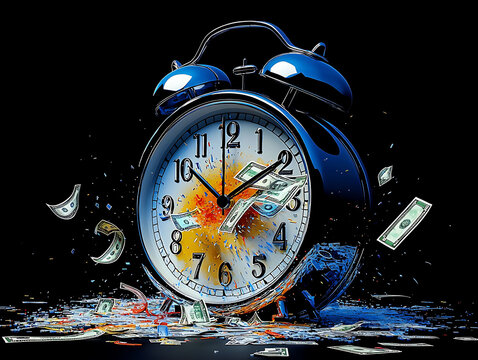 Dramatic 3D render of a shattered blue alarm clock with money exploding from its center.  Perfect for illustrating concepts of time, money, urgency, or financial breakthroughs.