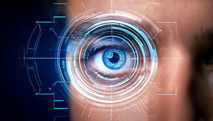 Close-up of a blue eye overlaid with futuristic, glowing digital interface elements.  Perfect for tech, security, AI, or medical concepts.