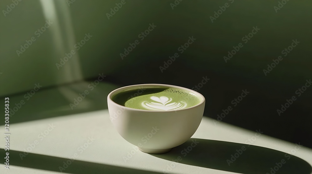 Aufkleber simple white bowl with matcha green tea and leafy latte art illuminated by soft sunlight : generativ