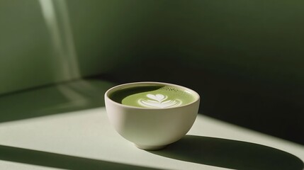 Simple White Bowl with Matcha Green Tea and Leafy Latte Art Illuminated by Soft Sunlight : Generative AI