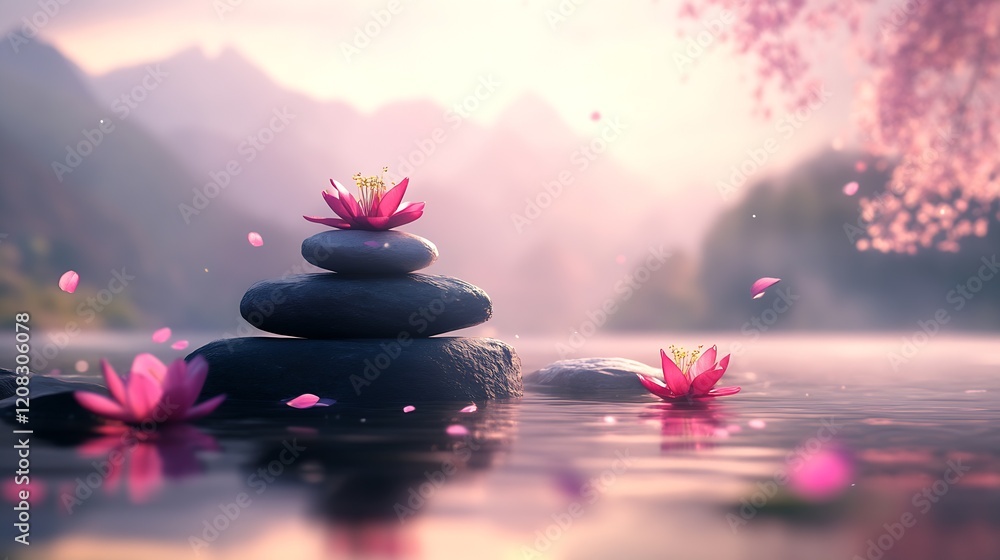 Poster zen lotus on tranquil stone stack in ethereal landscape for relaxation : generative ai