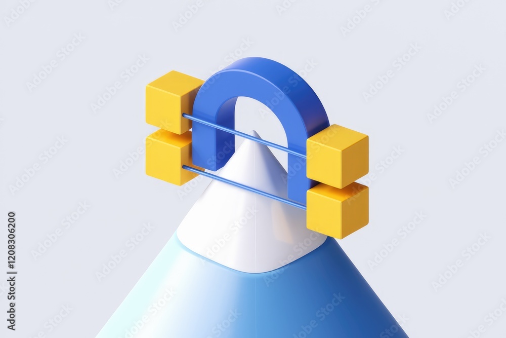 Poster Abstract 3D rendering of a blue magnet attracting yellow cubes atop a cone, symbolizing connection and attraction.