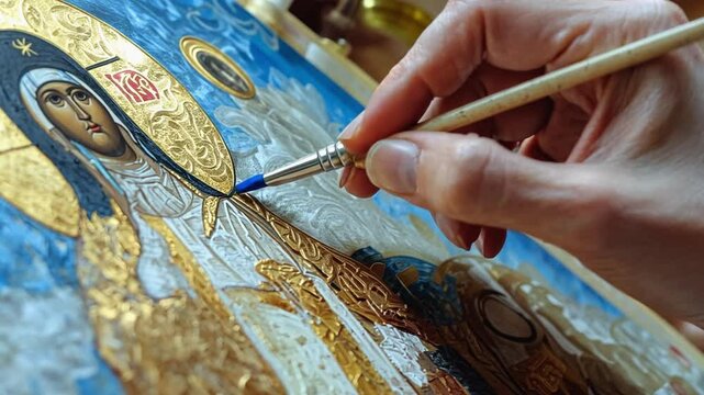 Artist painting religious icon with gold leaf and blue pigment