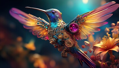 Fototapeta premium A mechanical hummingbird with vibrant, intricate gears hovering near a colorful flower, blending robotics with nature in a stunning, artistic design.