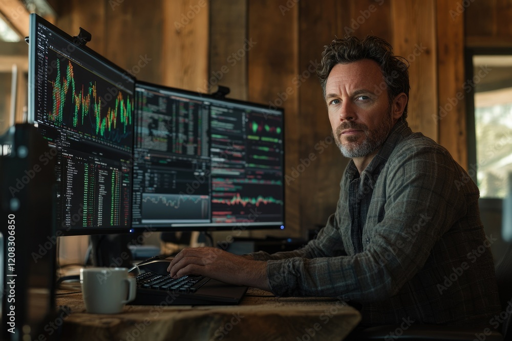 Poster a man sits at his desk, intently focused on multiple computer screens displaying stock market data.
