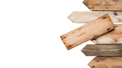 A collection of wooden signposts arranged in various orientations, perfect for indicating directions or adding rustic charm to any project. Ideal for both digital and print use.