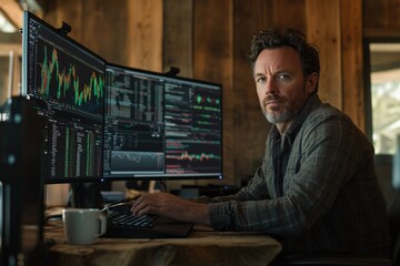 A man sits at his desk, intently focused on multiple computer screens displaying stock market data.