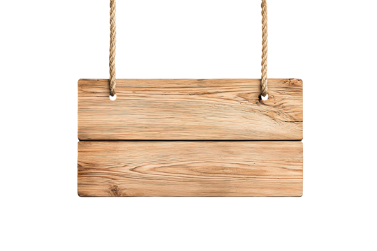 A rustic wooden sign hanging by rope, perfect for conveying messages or branding. Its natural texture adds a warm touch, ideal for various creative and commercial projects.