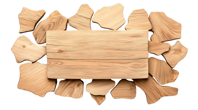 An aesthetically pleasing wooden cutting board surrounded by abstract shaped wooden pieces