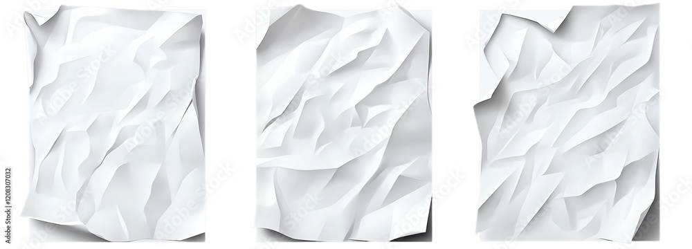 Aufkleber a set of three crumpled sheets of white paper with various textures and shadows
