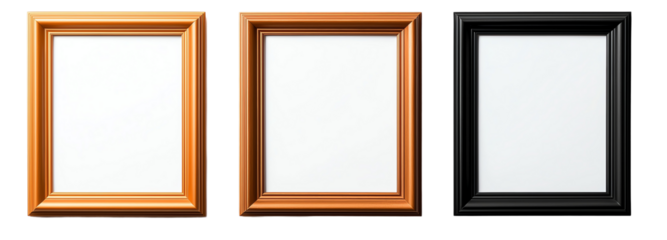 Three empty picture frames in different colors: brown, orange, and black. Ideal for showcasing art, photography, or personal moments. Perfect for design projects or decor ideas.