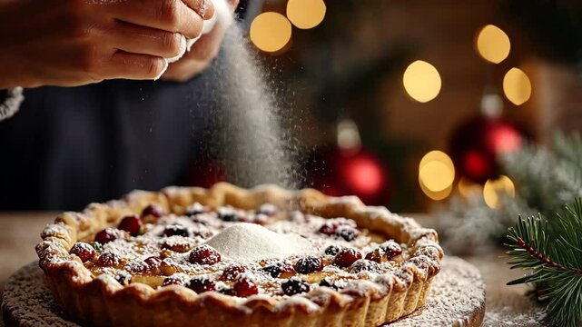 Holiday pie preparation with festive lights and powdered sugar dusting