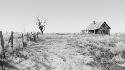 Abandoned rural cabin with barren tree in black and white landscape